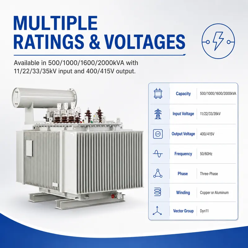 500–2000kVA 11/22/33/35kV High-Performance Three-Phase Oil-Immersed Transformer — specification and nameplate detail