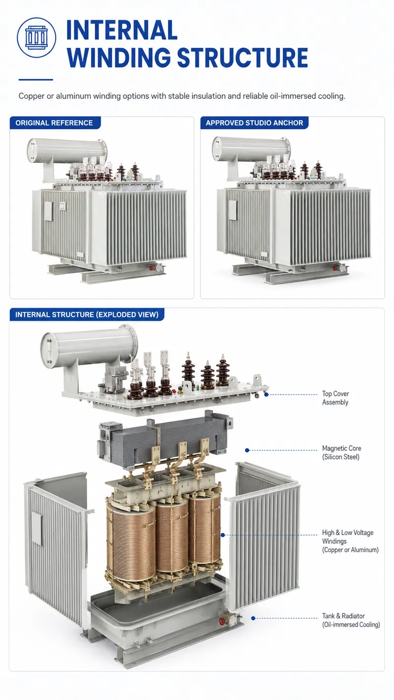 500–2000kVA 11/22/33/35kV High-Performance Three-Phase Oil-Immersed Transformer — internal structure