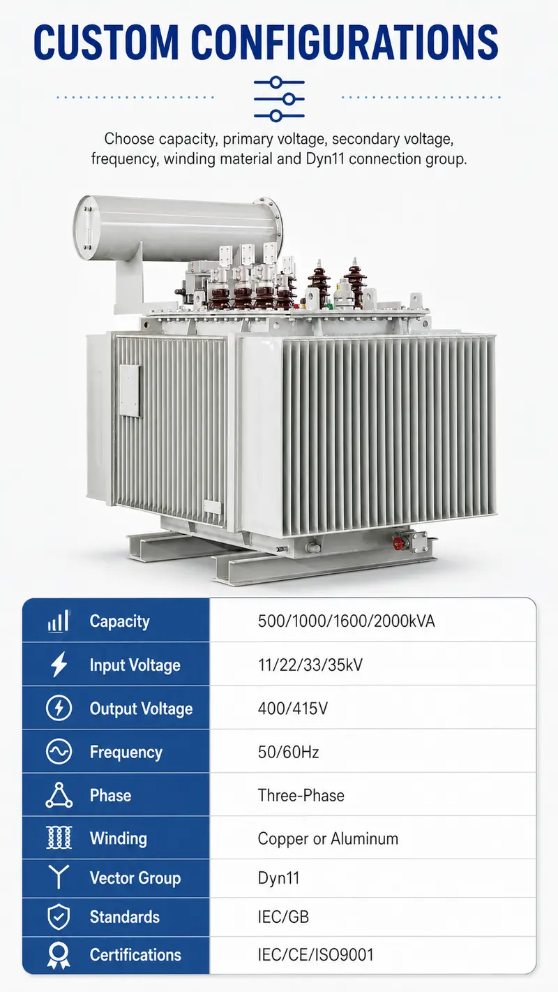 500–2000kVA 11/22/33/35kV High-Performance Three-Phase Oil-Immersed Transformer — customisation options