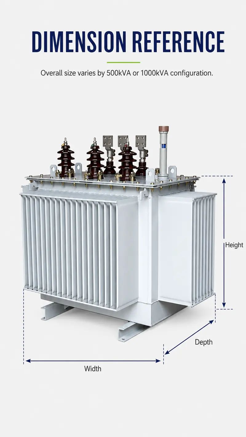 500kVA & 1000kVA 11kV/400V Three-Phase Oil-Immersed Distribution Transformer — dimensions and layout