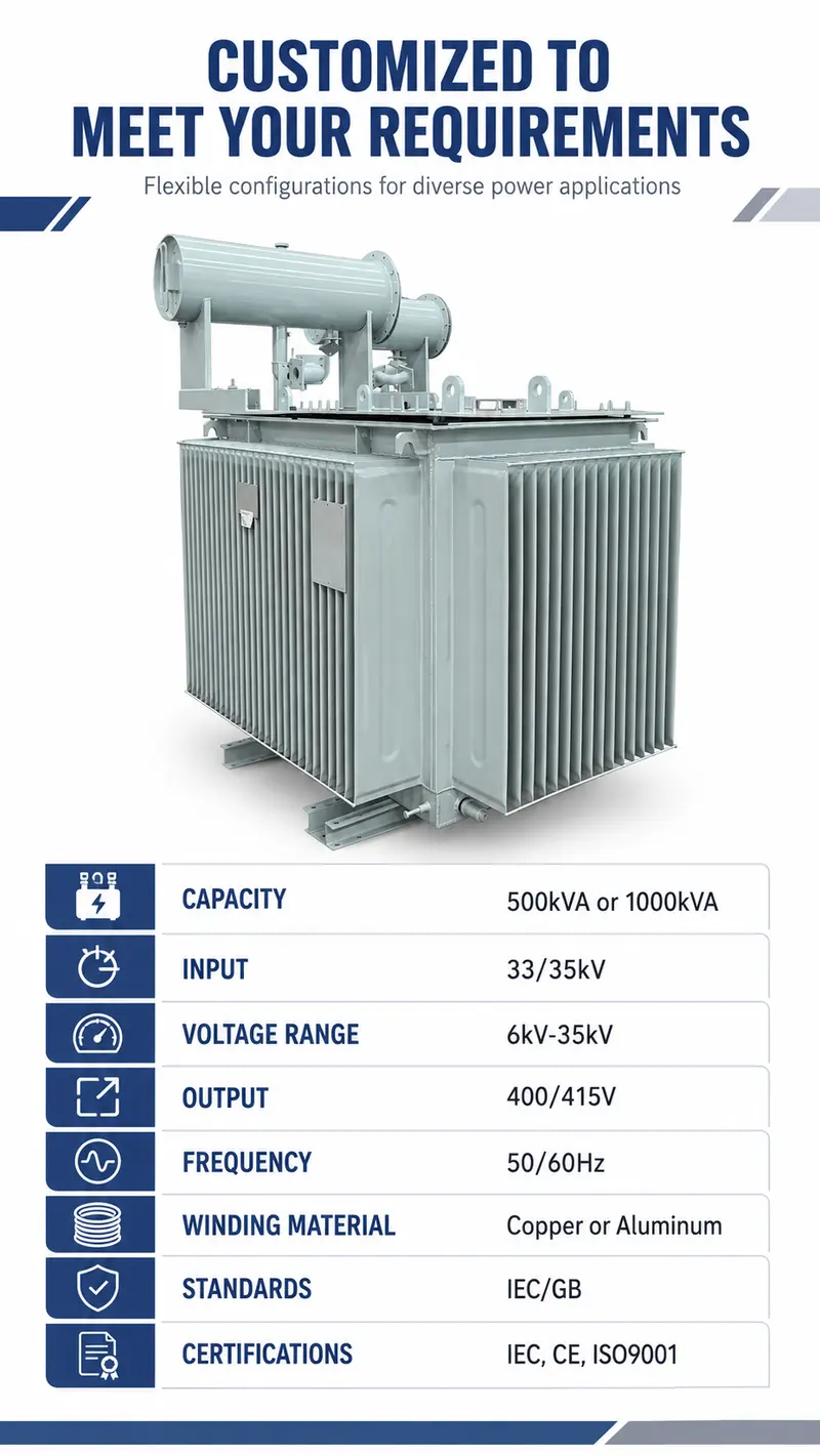 500kVA & 1000kVA MV/HV Three-Phase Oil-Immersed Distribution Transformer (6kV–35kV) — customisation options