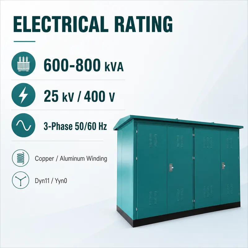 600 / 800 kVA 25 kV Movable Complete Box Substation — specification and nameplate detail