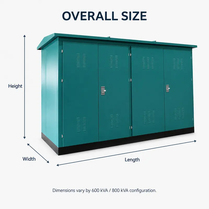 600 / 800 kVA 25 kV Movable Complete Box Substation — dimensions and layout