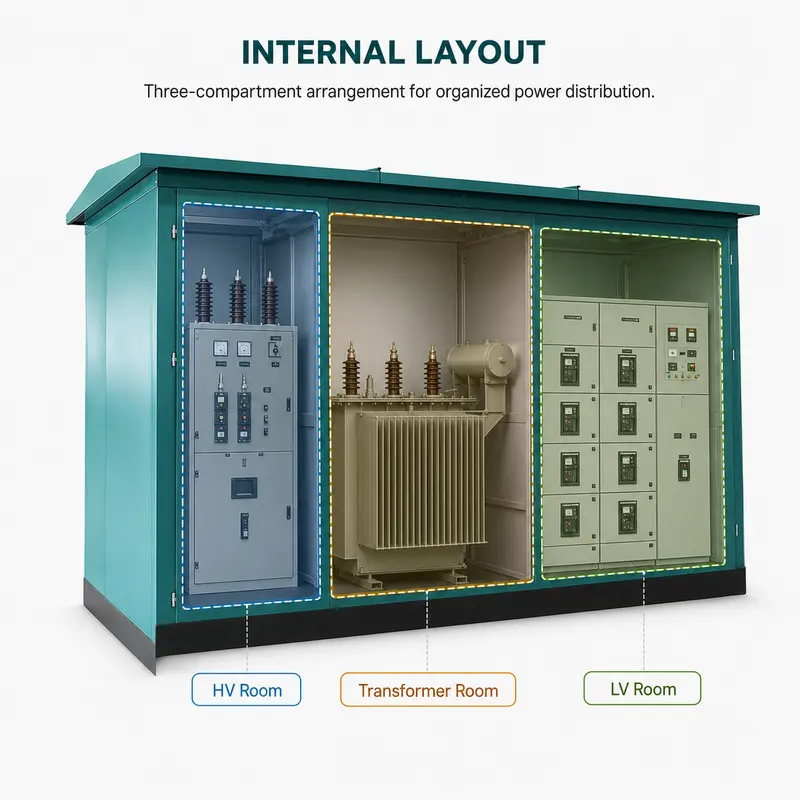 600 / 800 kVA 25 kV Movable Complete Box Substation — internal structure