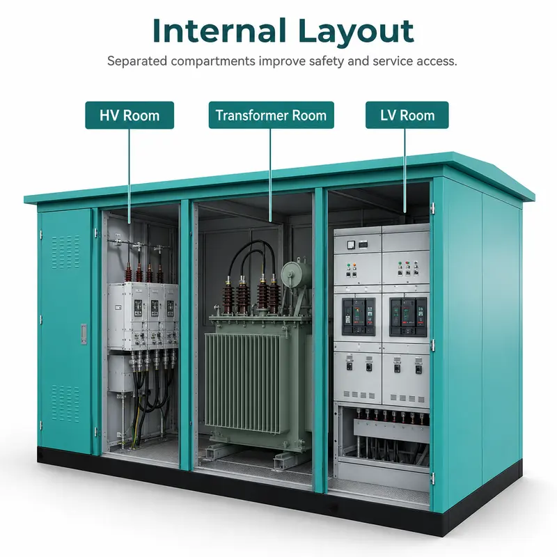 630 kVA 33 kV Compact Power Distribution Substation — internal structure