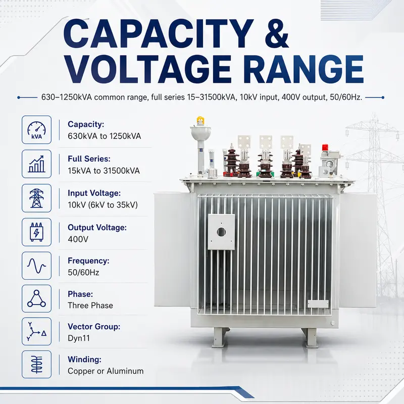 630kVA–1250kVA 10kV/400V Three-Phase Oil-Immersed Distribution Transformer — specification highlights