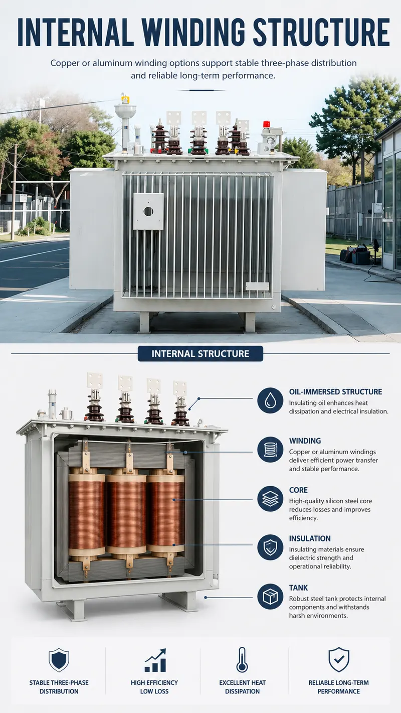 630kVA–1250kVA 10kV/400V Three-Phase Oil-Immersed Distribution Transformer — internal structure