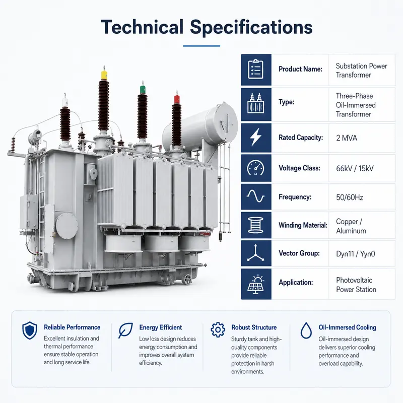 66 kV 2 MVA Step-Up Oil-Immersed Power Transformer for Photovoltaic — dimensions and layout