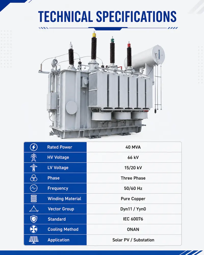 66 kV Oil-Immersed Pure-Copper Solar PV Power Transformer (40 MVA) — dimensions and layout