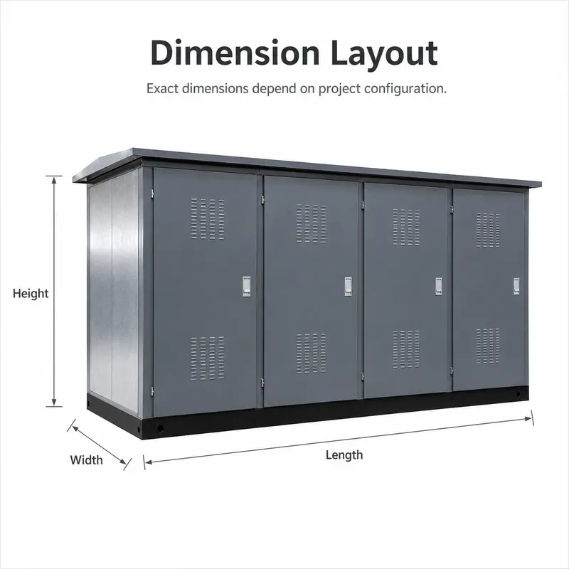 800 kVA 15/0.4 kV EEU-Standard Compact Box Substation — dimensions and layout