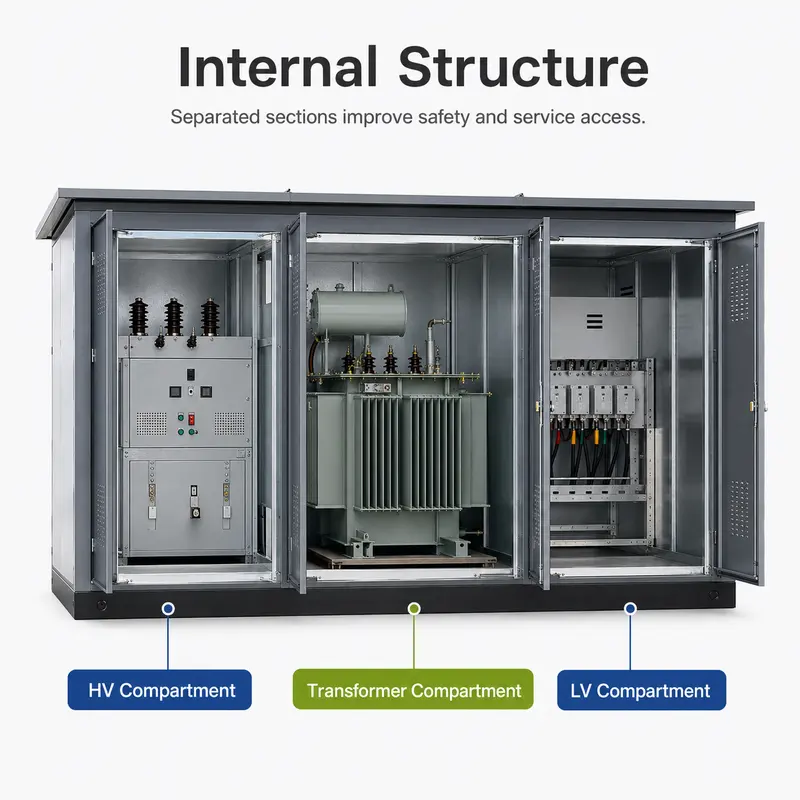 800 kVA 15/0.4 kV EEU-Standard Compact Box Substation — internal structure