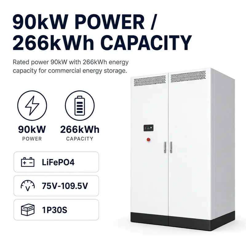 90kW / 266kWh Outdoor All-in-One Liquid-Cooled Energy Storage Cabinet — specification and nameplate detail