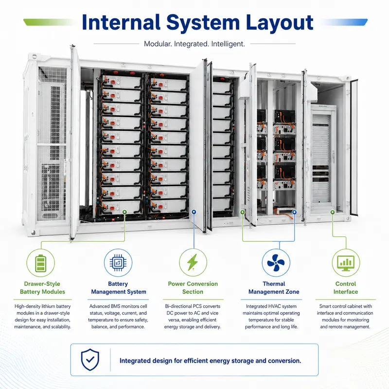 All-in-One ESS Container Battery, 6MWh–9MWh (Liquid-Cooled, On/Off-Grid, IP67) — internal structure
