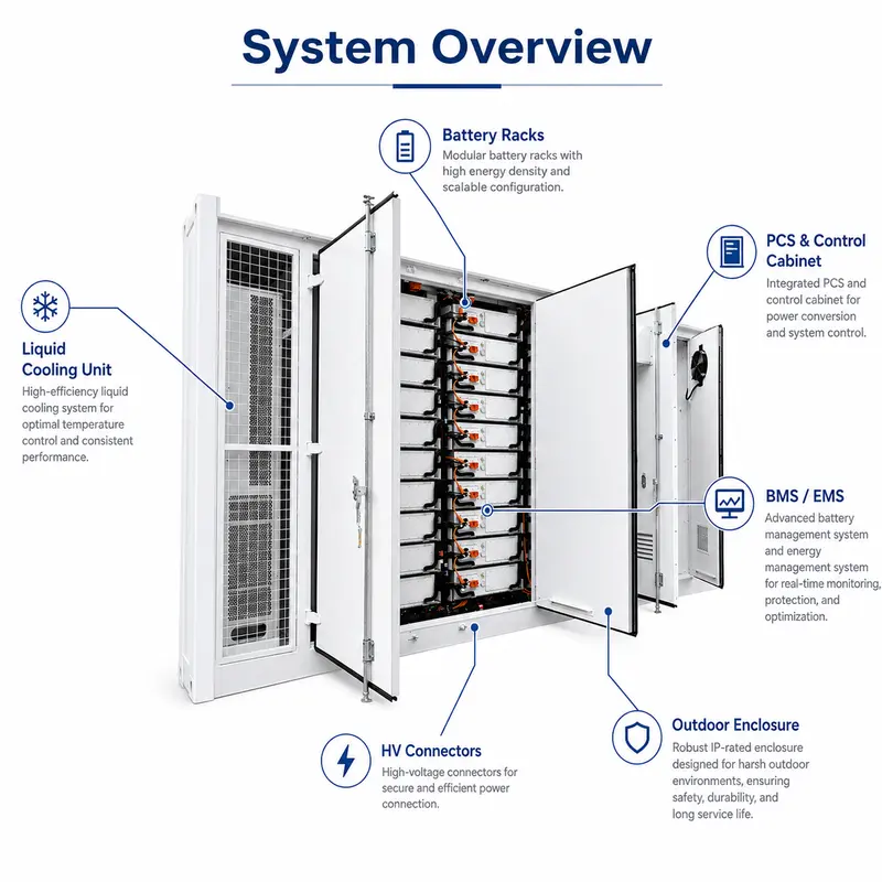 BESS LiFePO4 Battery Container, 1MWh–10MWh (Liquid-Cooled, IP67) — dimensions and layout