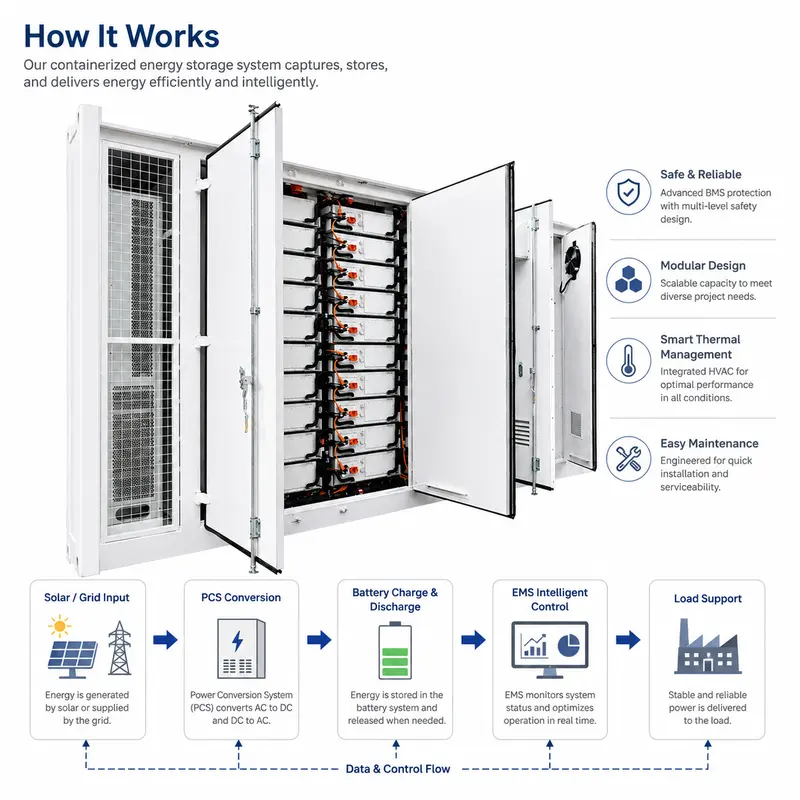 BESS LiFePO4 Battery Container, 1MWh–10MWh (Liquid-Cooled, IP67) — internal structure