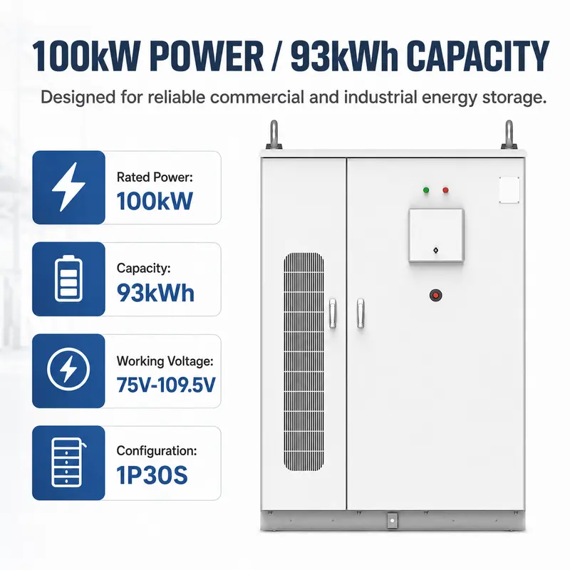 Custom 100kW / 93kWh Liquid-Cooled Commercial & Industrial Energy Storage System — specification and nameplate detail