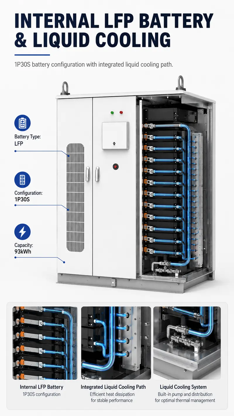 Custom 100kW / 93kWh Liquid-Cooled Commercial & Industrial Energy Storage System — internal structure