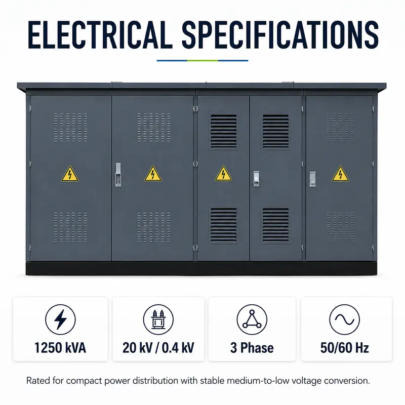 Customized 1250 kVA 20/0.4 kV European Box-type Substation — specification and nameplate detail