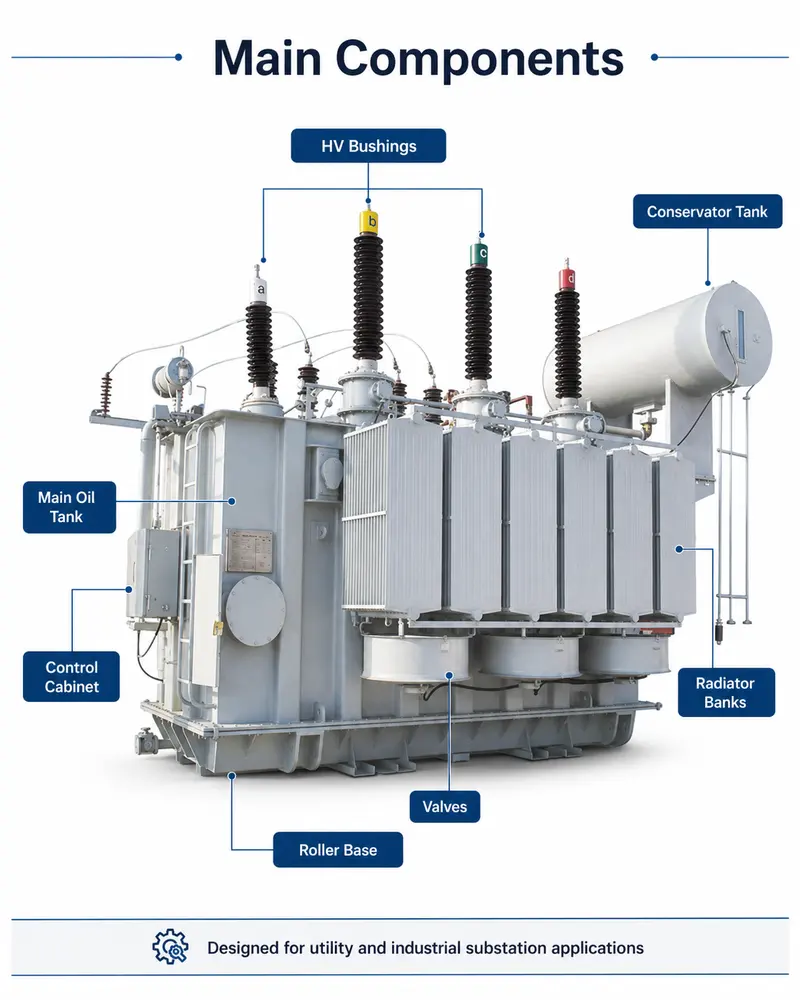 Customized 25 MVA / 31500 kVA Power Transformer 66–72.5 kV — internal structure