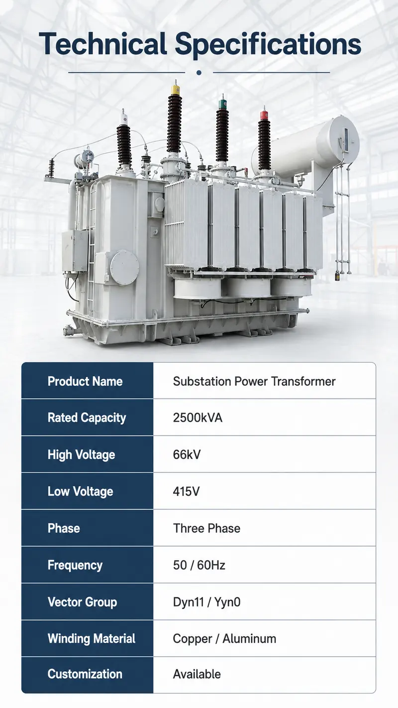 Customized 2500 kVA Three-Phase Oil-Immersed Power Transformer 66 kV / 415 V — internal structure