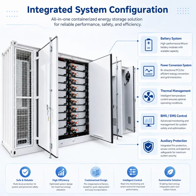 Customized Battery Energy Storage Container, 1000kWh–2150kWh (Liquid-Cooled, IP67) — internal structure