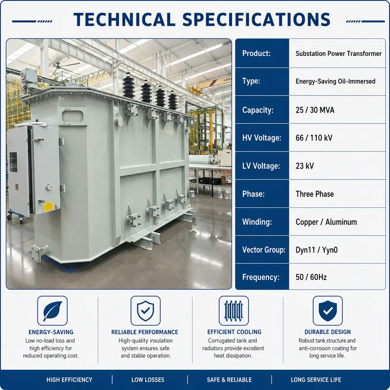 Energy-Saving 25 / 30 MVA Oil-Immersed Power Transformer 66–110 kV — dimensions and layout