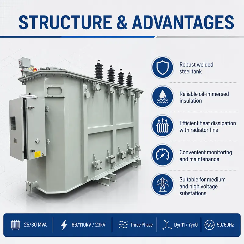 Energy-Saving 25 / 30 MVA Oil-Immersed Power Transformer 66–110 kV — customisation options