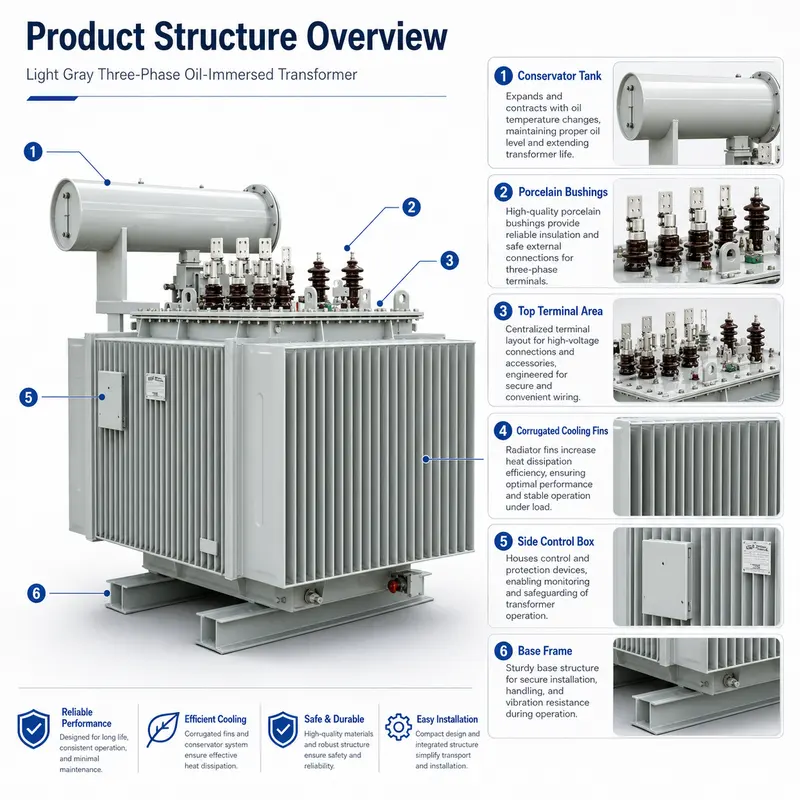 Energy-Saving 500–3500kVA 35kV/480V Three-Phase Oil-Immersed Transformer — dimensions and layout