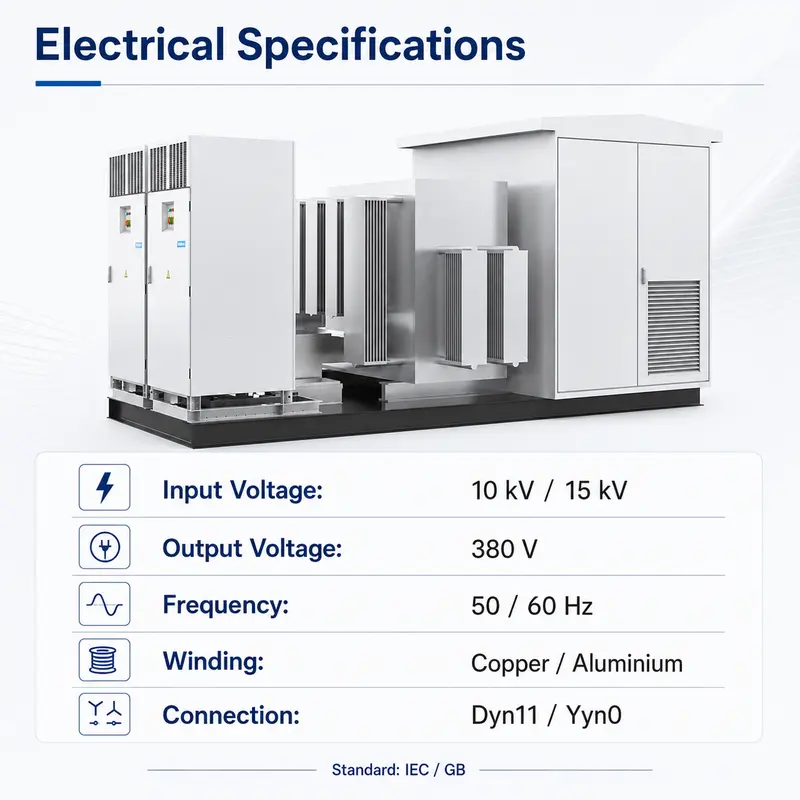 Energy Storage Converter-Booster Integrated Machine (10/15 kV) — specification and nameplate detail