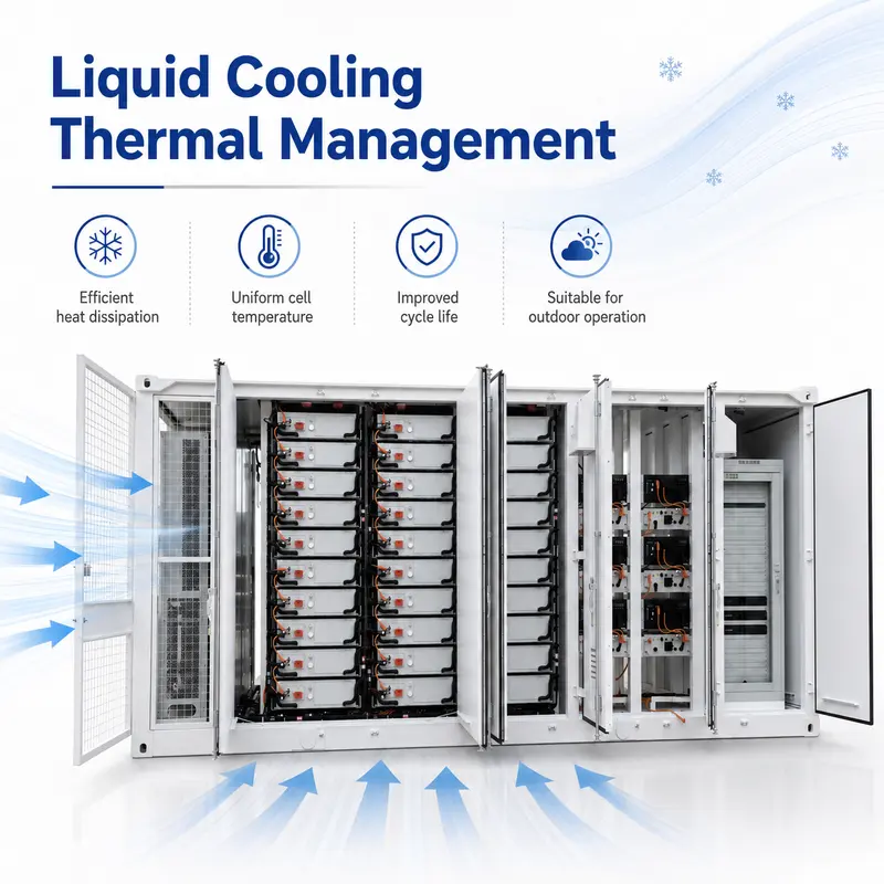 High-Voltage Lithium-Ion BESS, Liquid-Cooled, Off-Grid (1000kWh–5MWh, 10-Year Warranty, IP67) — specification and nameplate detail