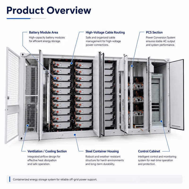 High-Voltage Lithium-Ion BESS, Liquid-Cooled, Off-Grid (1000kWh–5MWh, 10-Year Warranty, IP67) — dimensions and layout