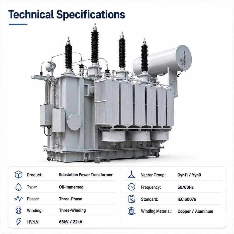 IEC 60076 66 kV Three-Winding Oil-Immersed Substation Power Transformer — dimensions and layout