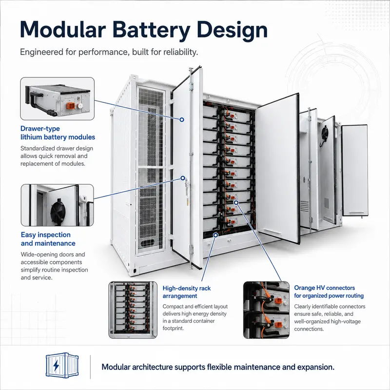 LiFePO4 Containerized BESS, 1MWh–6MWh / 1000kW (Liquid-Cooled, IP67) — internal structure