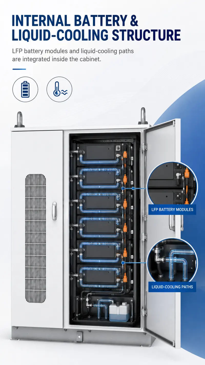 Liquid-Cooled Battery Energy Storage System — Integrated Cabinet (Battery Module & Rack) — internal structure