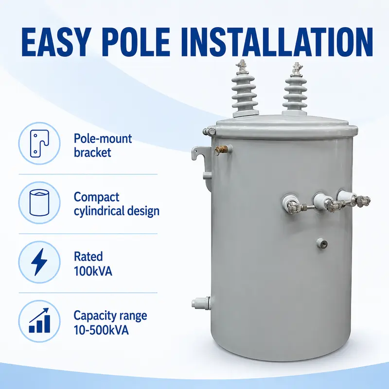 Low-Loss Single-Phase Pole-Mounted Distribution Transformer 100 kVA (13.8 kV) — construction and materials detail