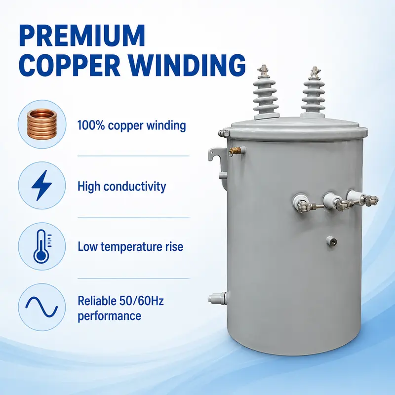 Low-Loss Single-Phase Pole-Mounted Distribution Transformer 100 kVA (13.8 kV) — specification and nameplate detail