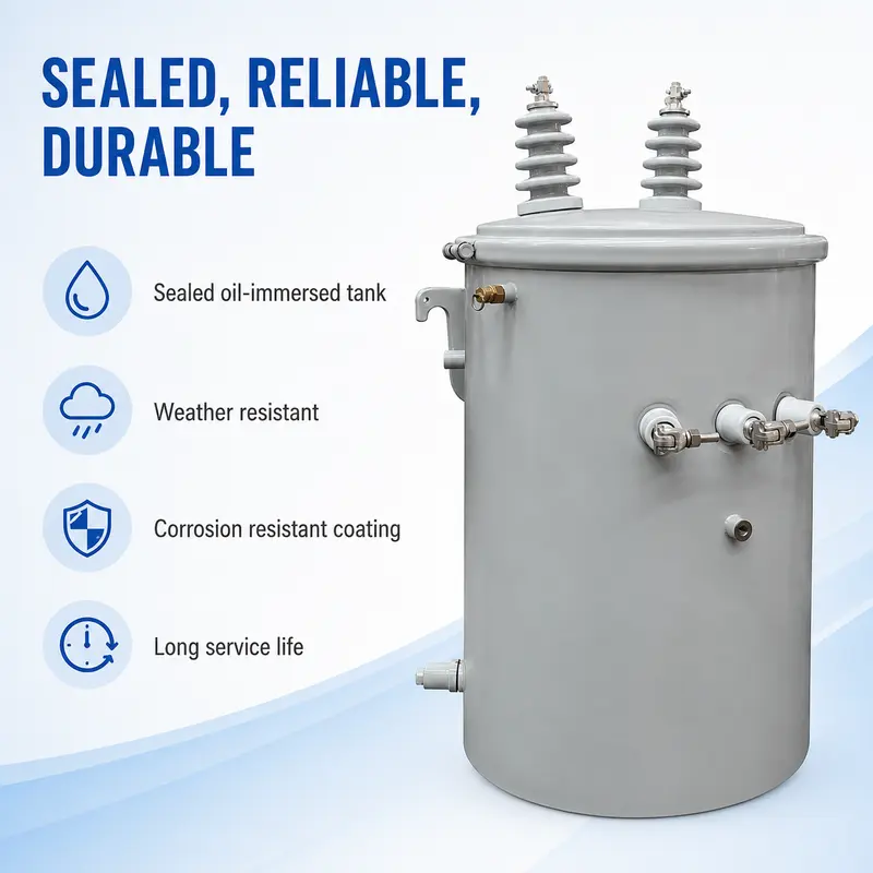 Low-Loss Single-Phase Pole-Mounted Distribution Transformer 100 kVA (13.8 kV) — safety and protection features