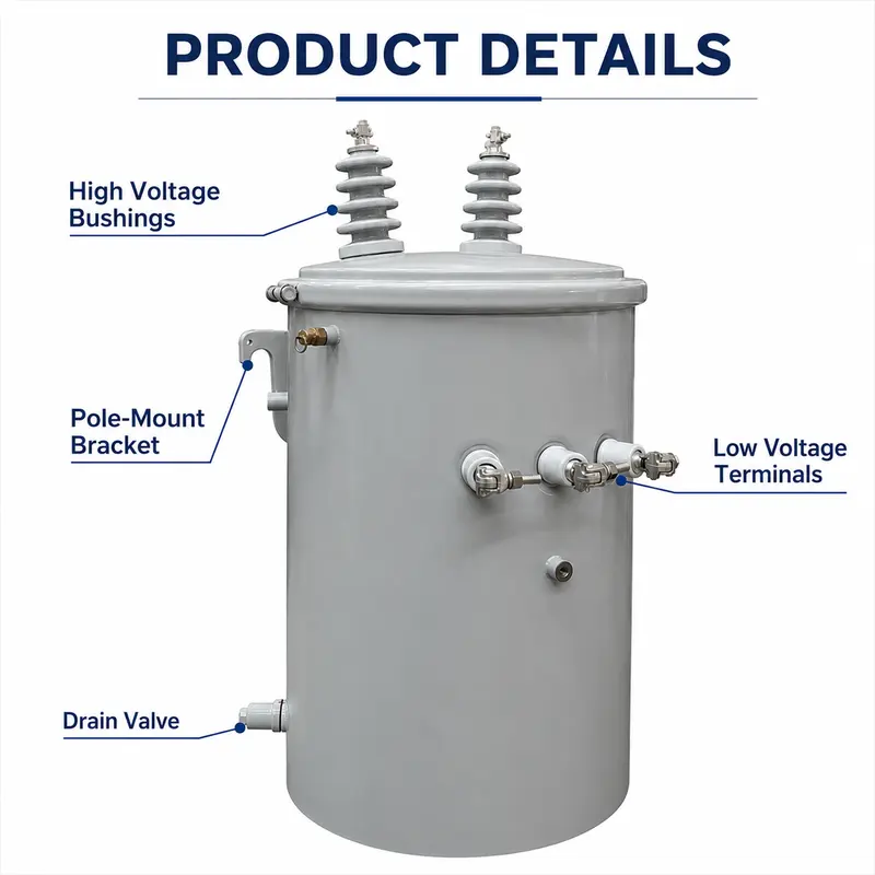 Low-Loss Single-Phase Pole-Mounted Distribution Transformer 100 kVA (13.8 kV) — dimensions and layout