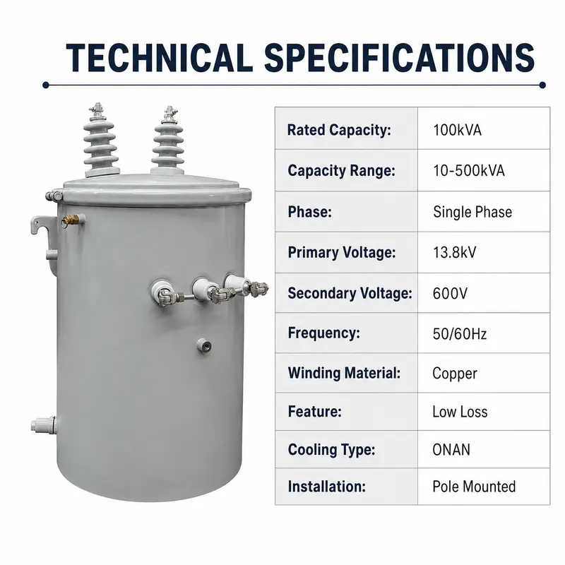 Low-Loss Single-Phase Pole-Mounted Distribution Transformer 100 kVA (13.8 kV) — internal structure