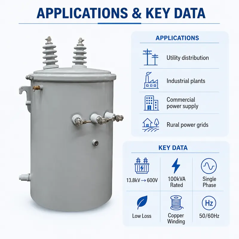Low-Loss Single-Phase Pole-Mounted Distribution Transformer 100 kVA (13.8 kV) — customisation options