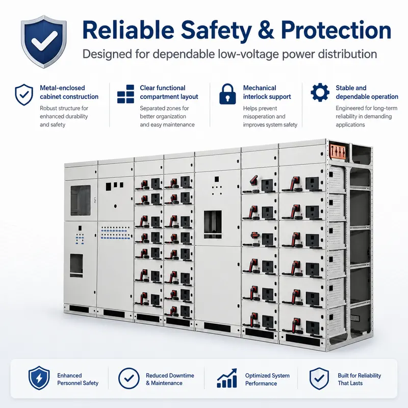 Low Voltage Power Distribution Switchgear, 800V / 630A (GCS, IP65) — specification and nameplate detail