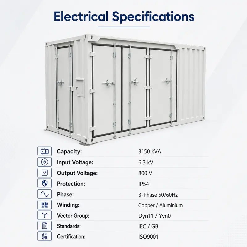 Movable 3150 kVA 6.3/0.8 kV Prefabricated Container Substation — specification and nameplate detail