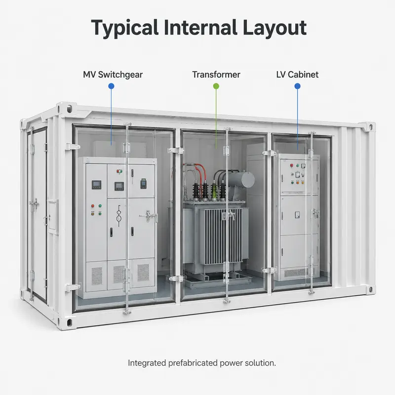Movable 3150 kVA 6.3/0.8 kV Prefabricated Container Substation — internal structure