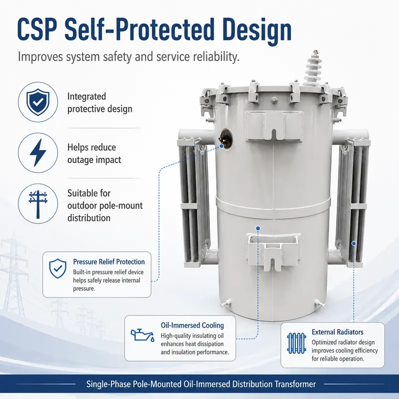 Oil-Filled 250 kVA CSP Single-Phase Pole-Mounted Distribution Transformer — construction and materials detail