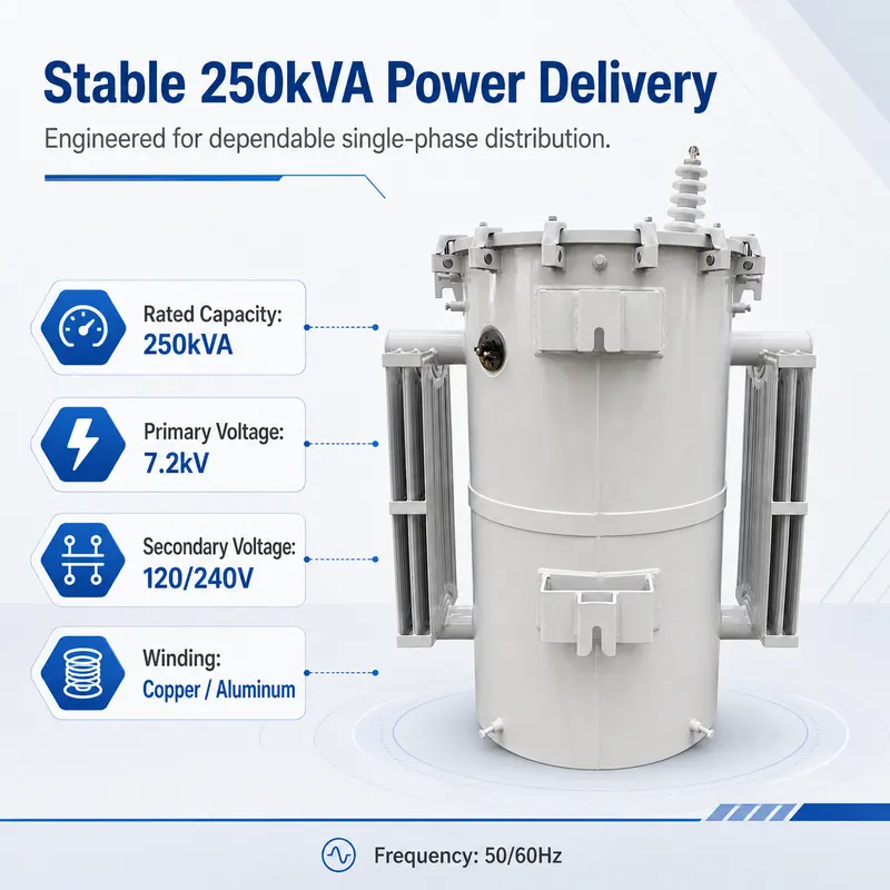 Oil-Filled 250 kVA CSP Single-Phase Pole-Mounted Distribution Transformer — typical application