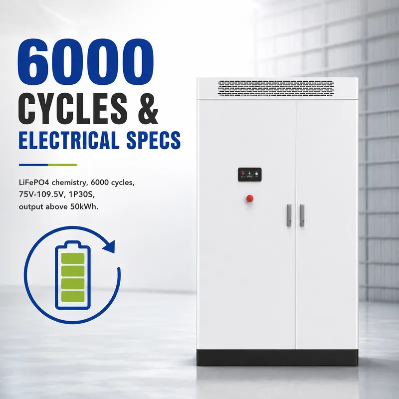 Outdoor Liquid-Cooled Battery Cluster Converged Cabinet — 6000-Cycle Energy Storage System — specification and nameplate detail