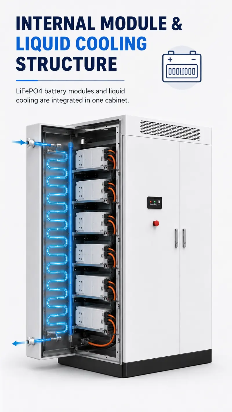 Outdoor Liquid-Cooled Battery Cluster Converged Cabinet — 6000-Cycle Energy Storage System — internal structure