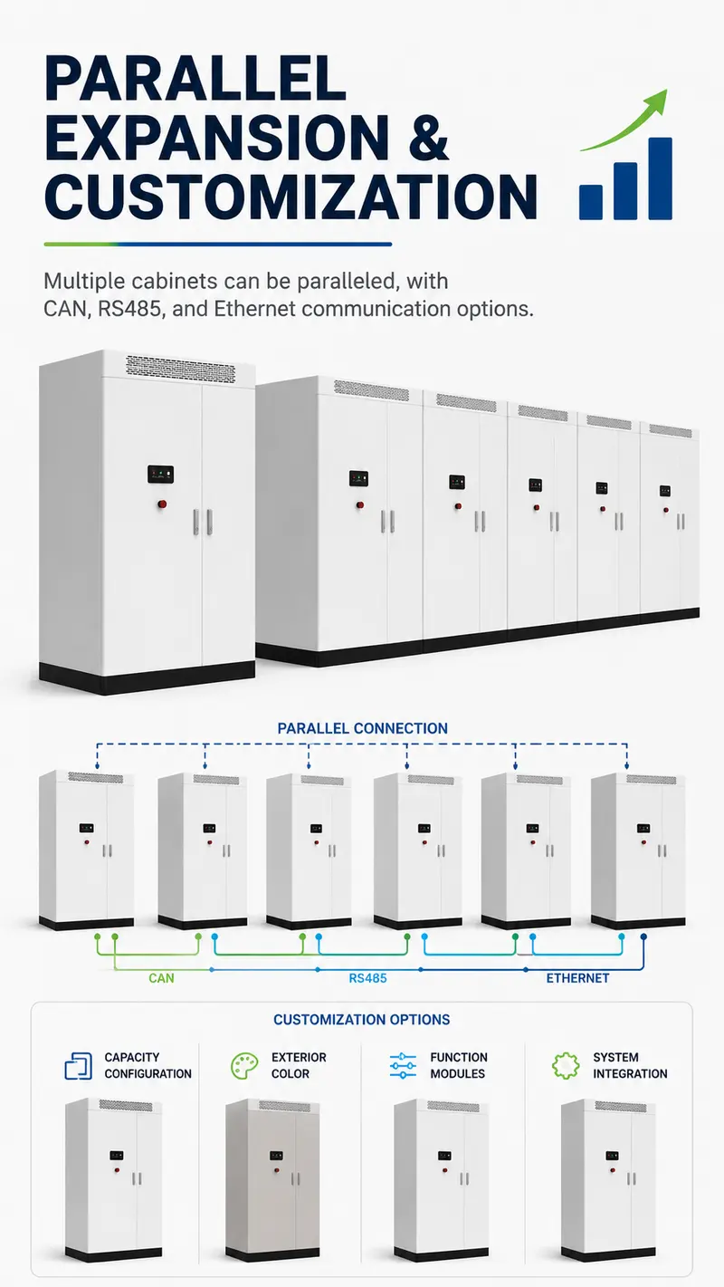 Outdoor Liquid-Cooled Battery Cluster Converged Cabinet — 6000-Cycle Energy Storage System — customisation options