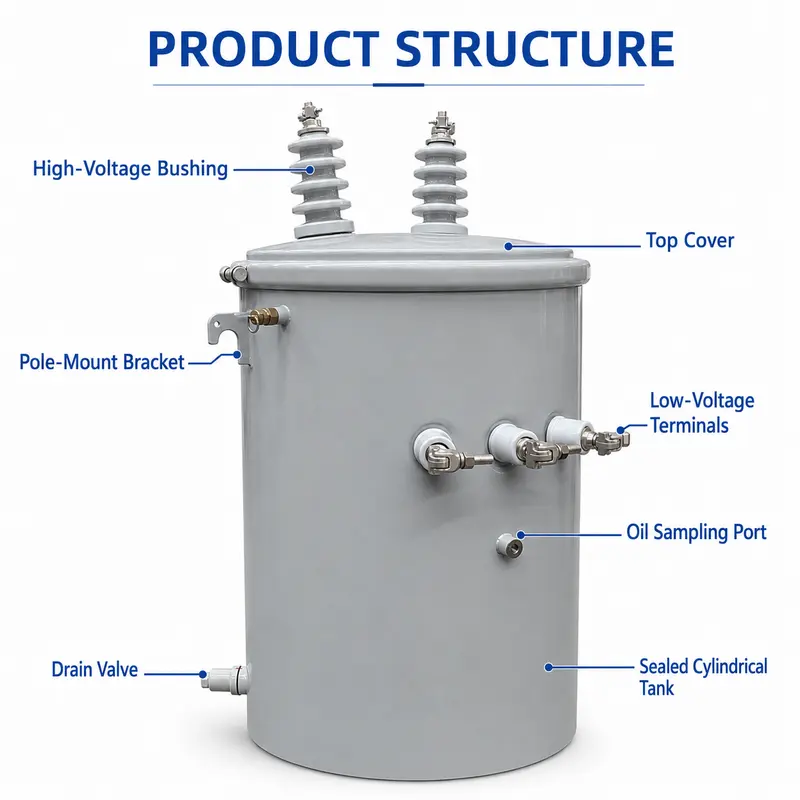 Outdoor Single-Phase Pole-Mounted Oil Transformer 50–333 kVA (13.2–13.8 kV) — dimensions and layout