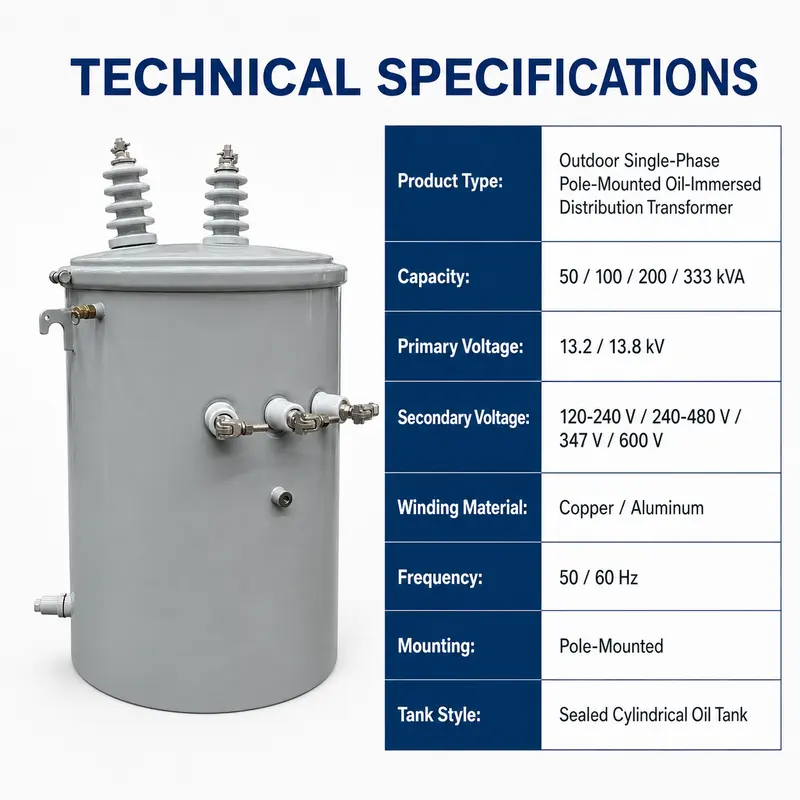 Outdoor Single-Phase Pole-Mounted Oil Transformer 50–333 kVA (13.2–13.8 kV) — internal structure